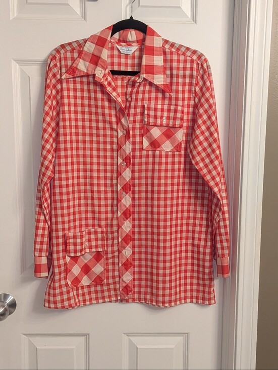 Sears Tops - Vintage 70s Dagger Collar Red and White Gingham Button-Up Shirt